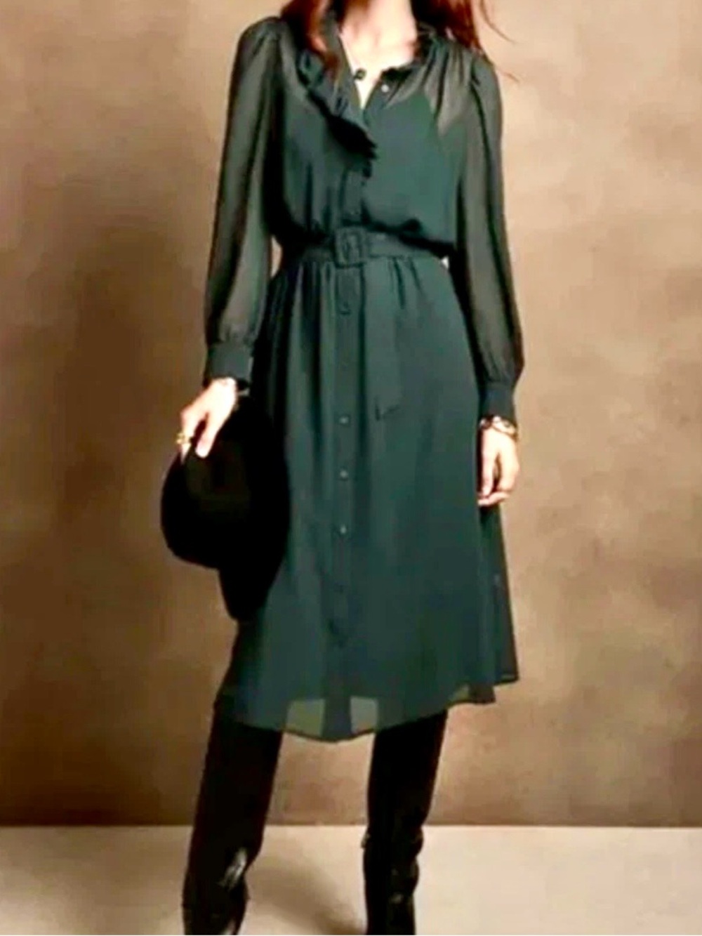 Banana Republic XS Belted Chiffon Sheer Midi Shirtdress Forest Green